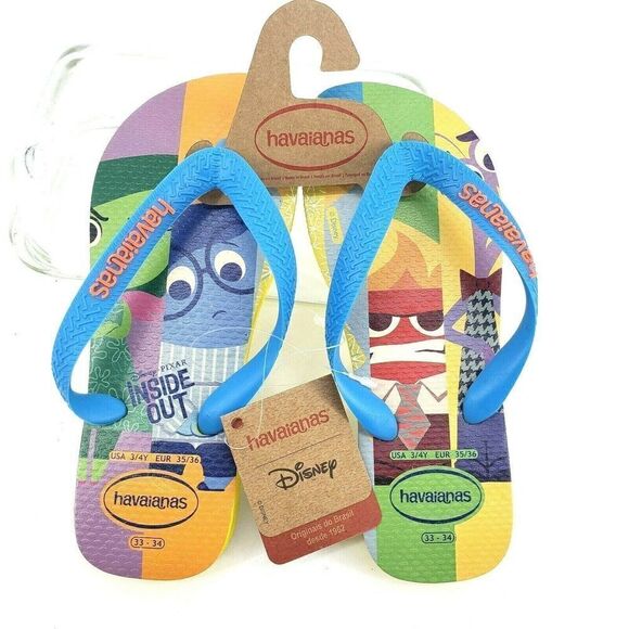Rare Havaianas Pixar Inside Out Flip Flops Girls 3 US Yellow Blue - Picture 1 of 12